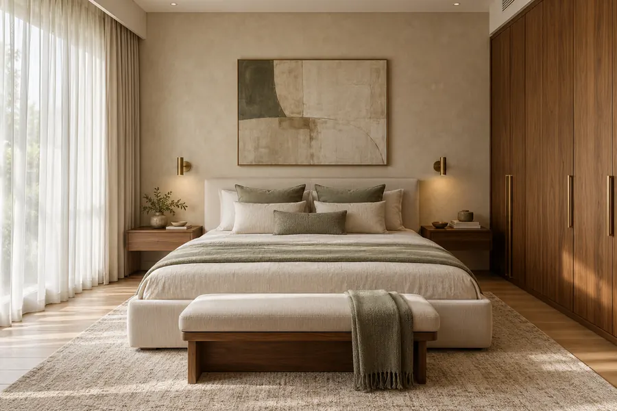 Bedroom concept with a linen bed, sage accents and full-height walnut wardrobes