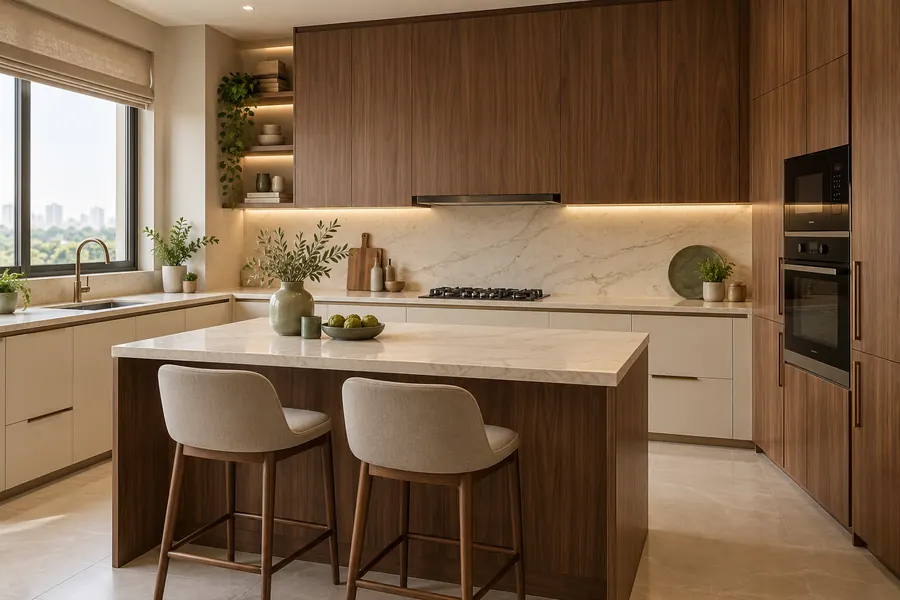 Kitchen concept with walnut cabinetry, pale stone counters and a compact island