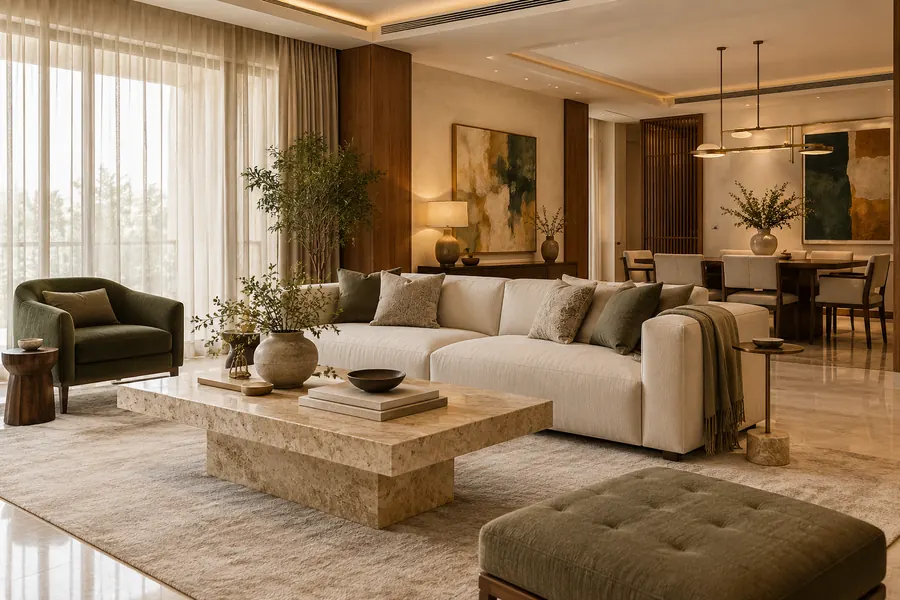 Living room concept with an ivory sofa, olive armchair, travertine table and walnut dining furniture